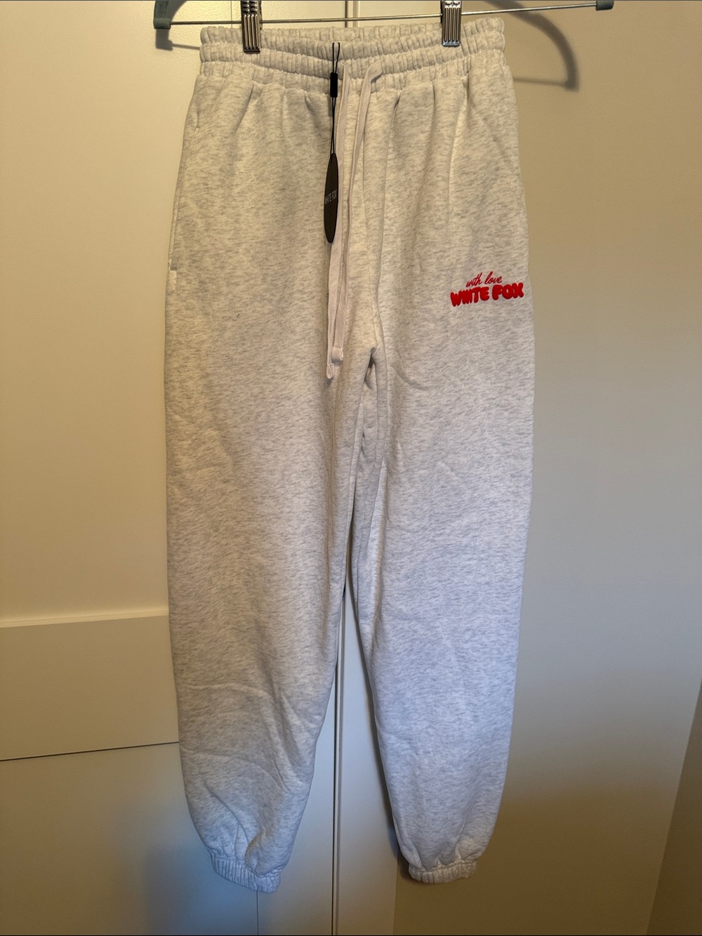 White Fox Boutique Light Gray Track Joggers with Red Logo